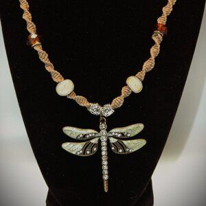 Green Dragonfly with Rhinestones on an 18" Tan Hemp Handmade Necklace
